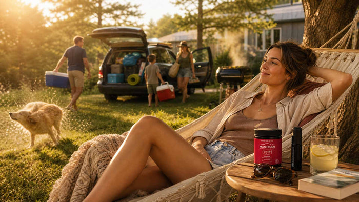 family relaxing during the summer with a jar of true vibe gummies
