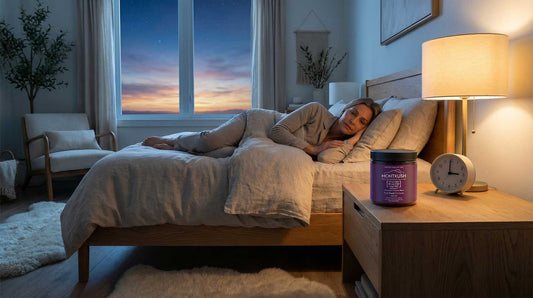 woman sleeping at dusk with montkush gummies on the bedside table.
