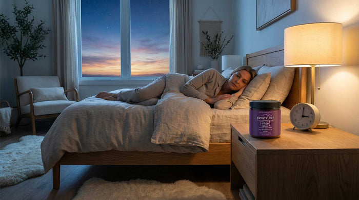woman sleeping at dusk with montkush gummies on the bedside table.