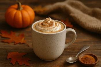 Pumpkin spice latte with whipped cream in a cozy autumn setting, perfect fall CBD recipe