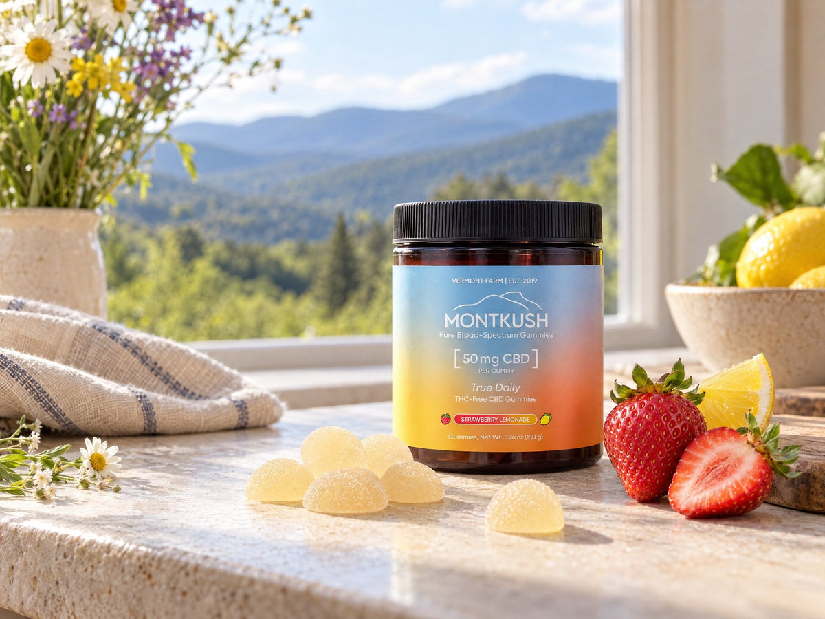 MONTKUSH True Daily gummies in a sunlit kitchen wellness setting