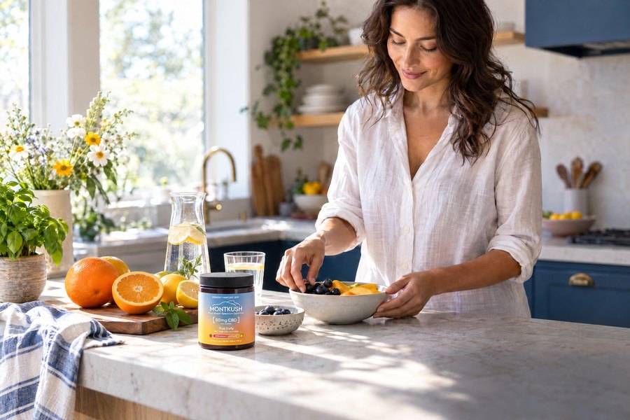 An everyday wellness routine in a bright kitchen