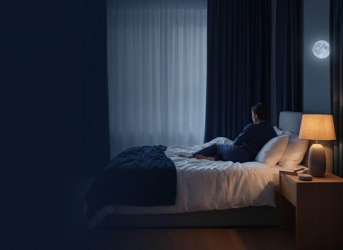 A quiet moonlit bedroom at the start of a nighttime routine